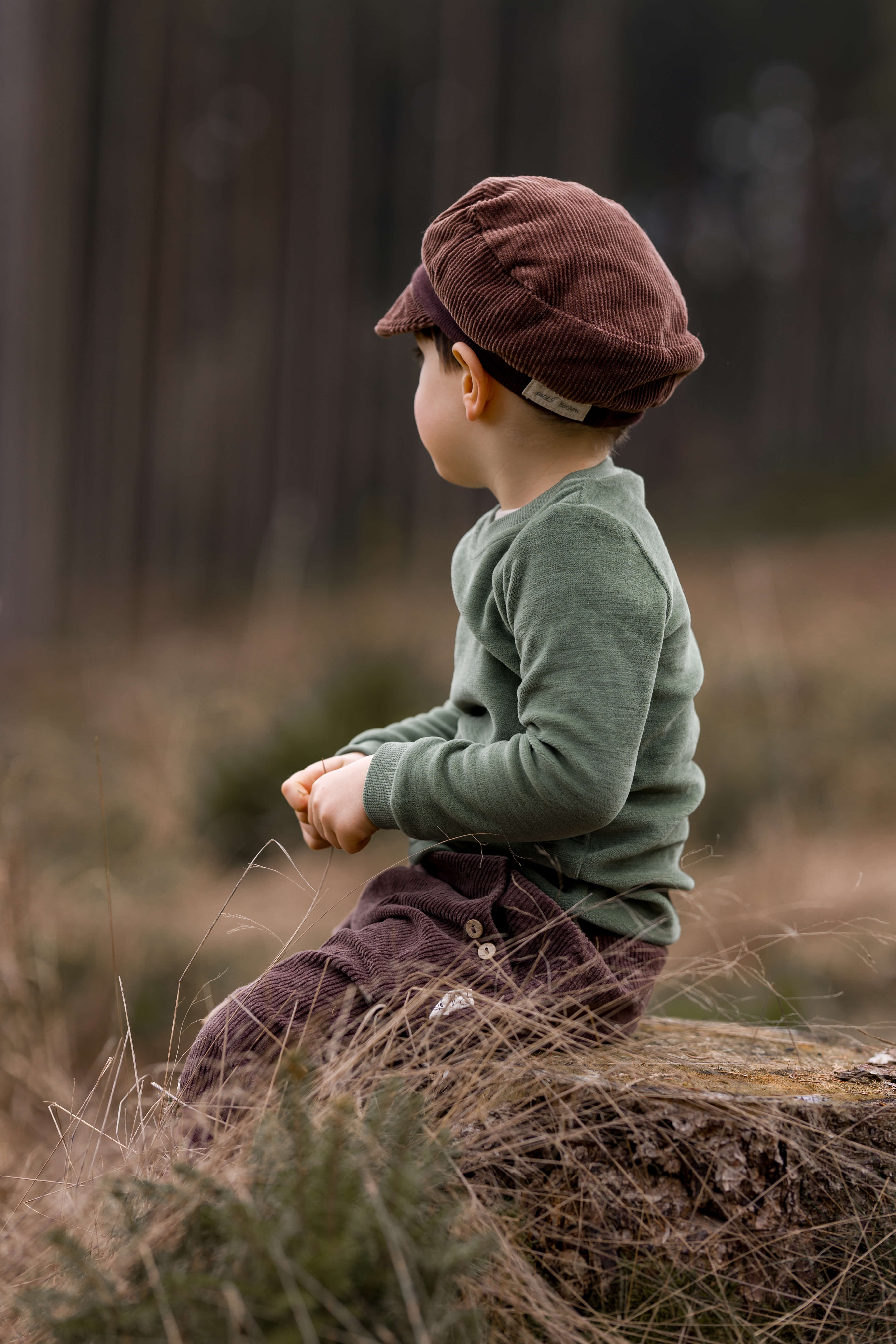 Junge mit einem Kindersweatshirt aus Bio Merinowolle in 110/116 Merinonicki salbei 